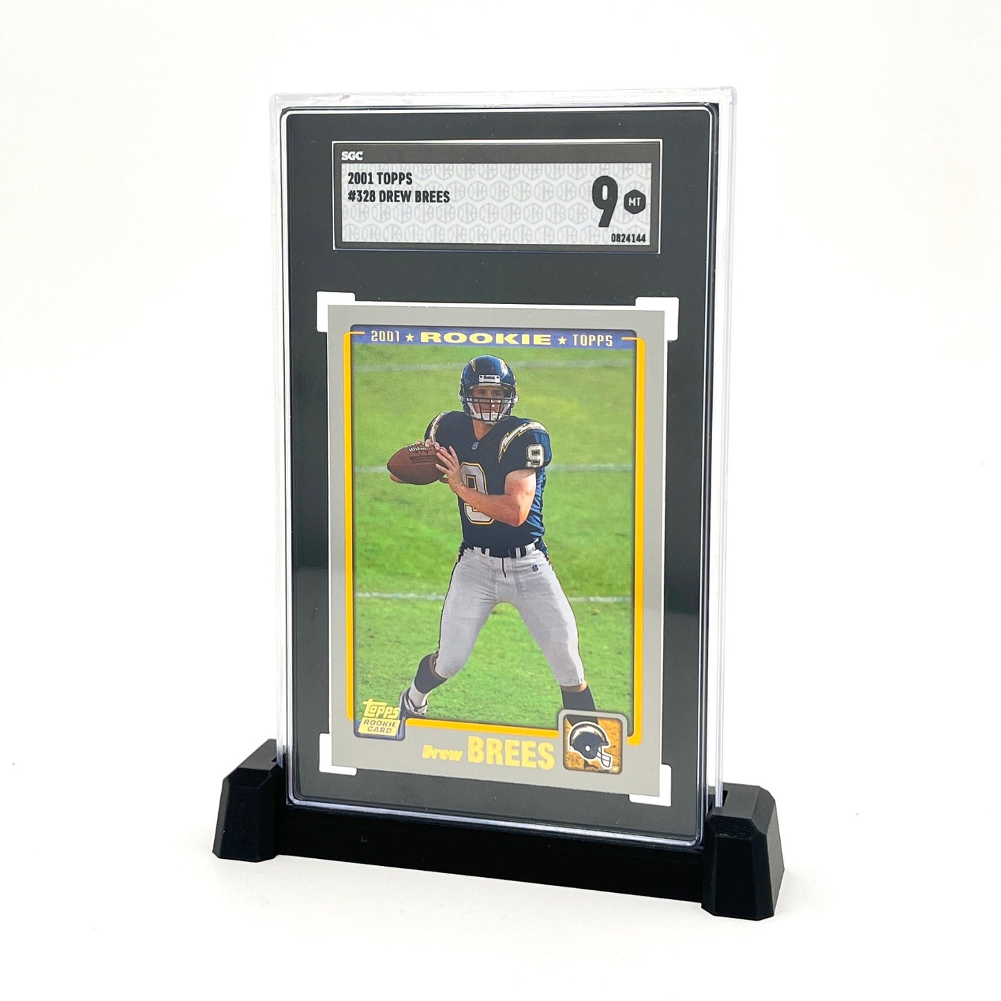 Football trading card of a player in a display case with a white background