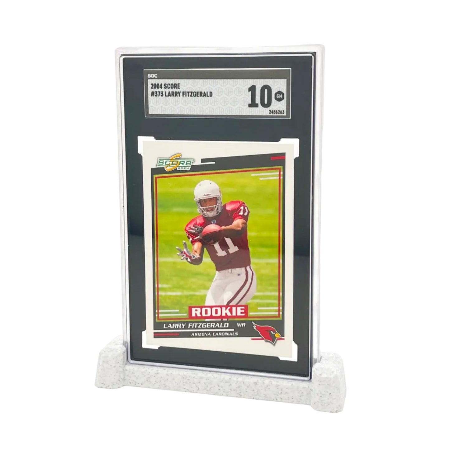 Football trading card of Larry Fitzgerald in a display case on a white background